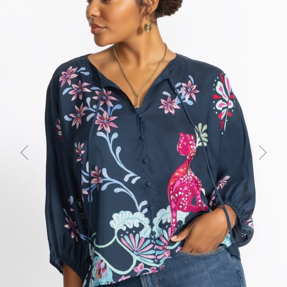 Johnny Was Navy Blouse with Pink Floral Design